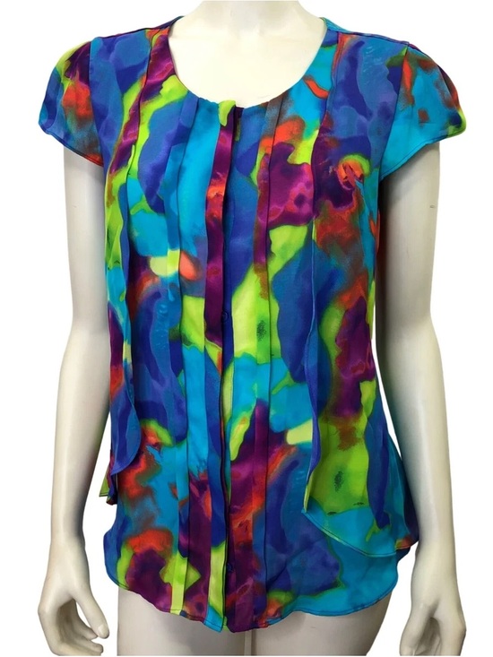 Worthington Tops - Worthington Watercolor Abstract Pleated Front Blouse Petite XL Blue Green Purple